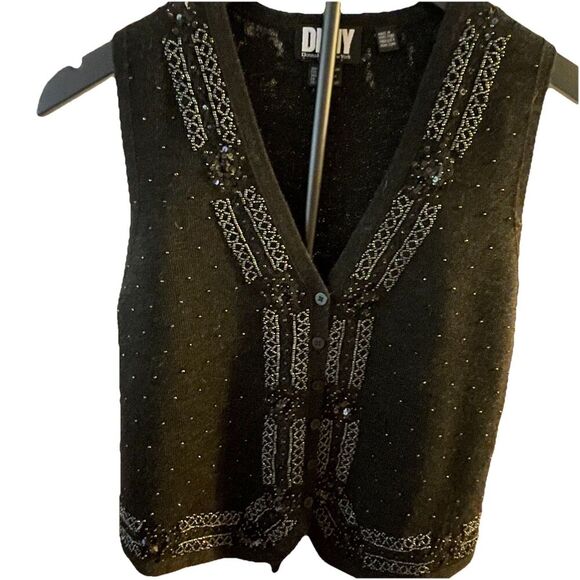 DKNY 100% Wool Beaded Button Front Vest Black Sleeveless Embellished Sz Small - Picture 1 of 6
